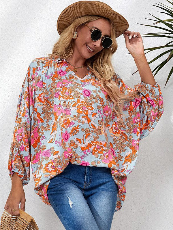 Floral Print V-Neck Chiffon Blouse with Long Sleeves for Women