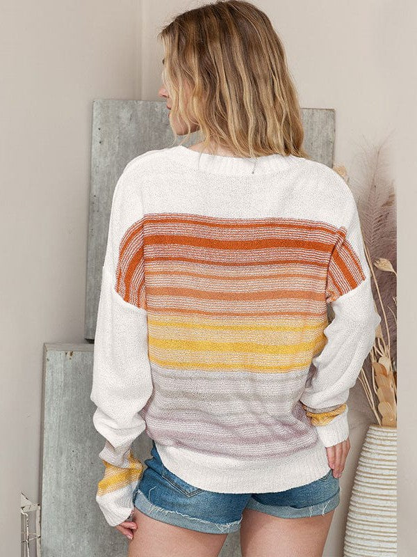 Colorful Striped Knitted Sweater with Rainbow Print for Women