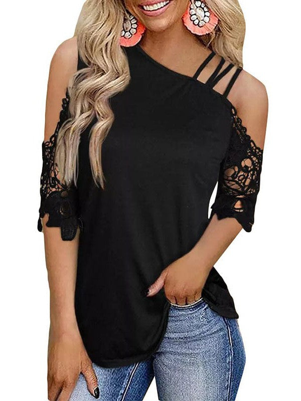 Women's Black Lace Round Neck Loose Fit T-Shirt with Short Sleeves