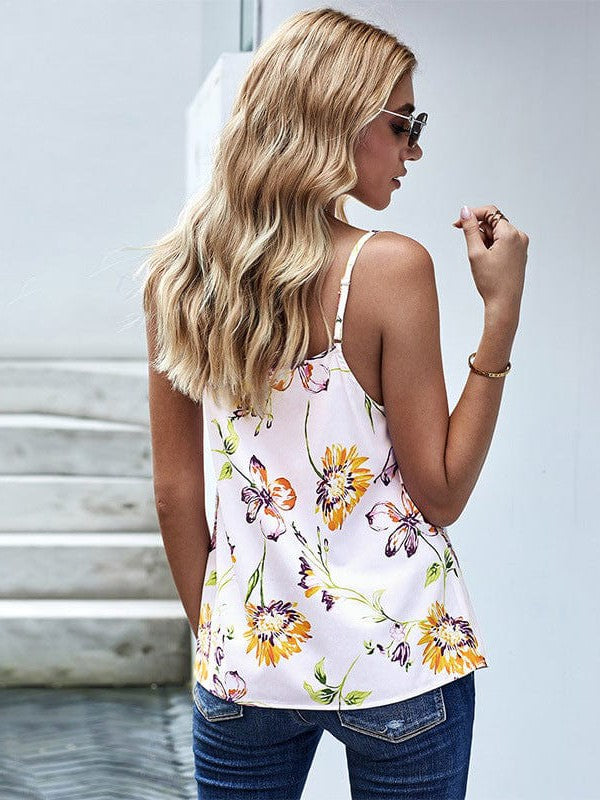 V-Neck Pleated Camisole with Floral Print for Women