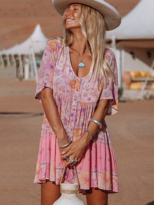 Bohemian Floral Print V-Neck High-Waisted Dress with Puff Sleeves