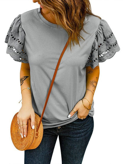 Women's Solid Lace Flying Sleeves Round Neck Casual T-Shirt with Short Sleeves