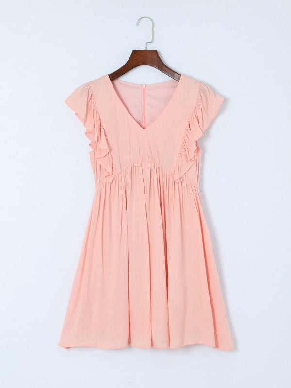Feifei V-Neck Ruffled Short-Sleeved Sweet Waist Dress with Solid Color Sleeves