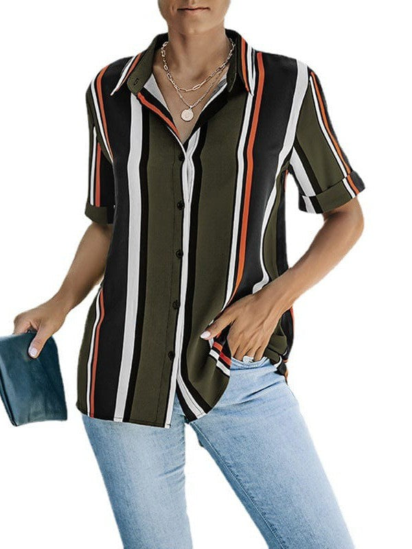 Women's Short-Sleeve Striped Buttoned Cardigan with Simple Style in Polyester Fiber