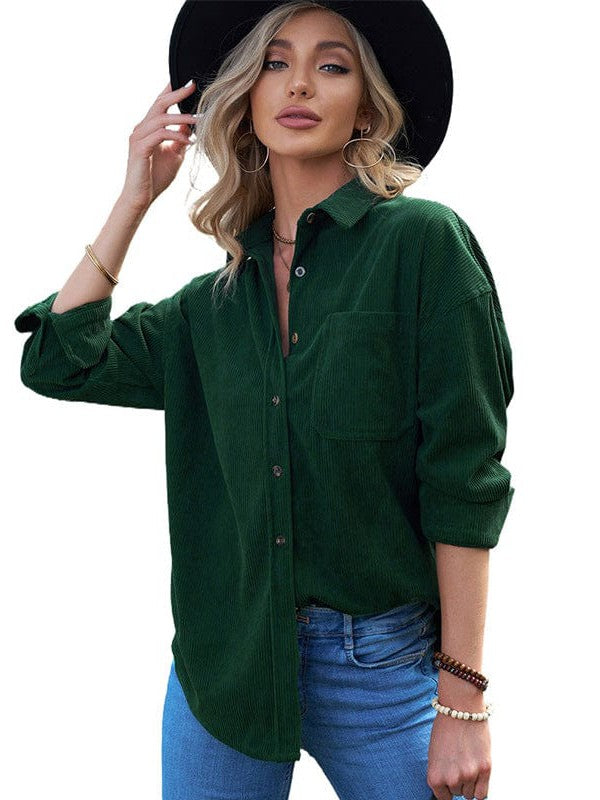 Women's Corduroy Cardigan Shirt with Button Down Lapel and Pocket