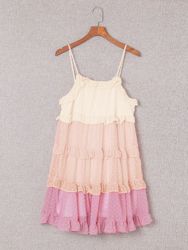 Contrast Color Sleeveless Slip Dress with Tulle Hem and Fungus Edge