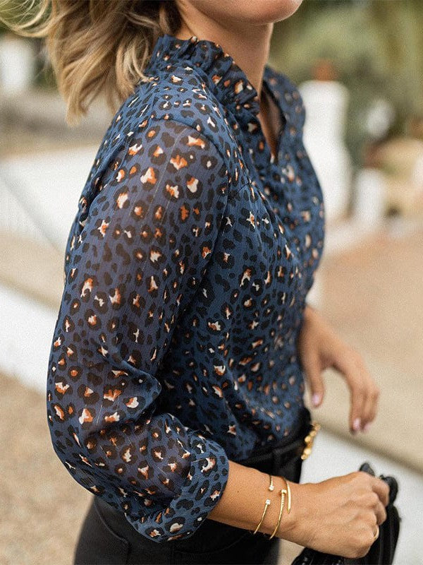Leopard Print Loose Fit V-Neck Pullover Top with Long Sleeves for Women