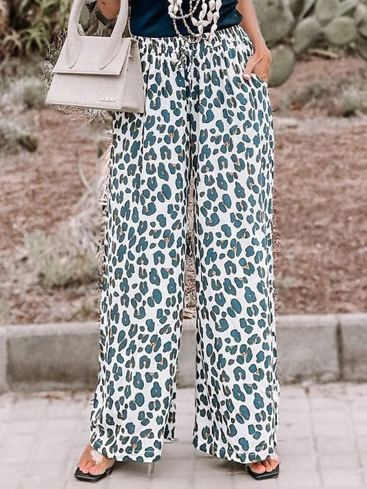 Loose Fit High Waist White Leopard Print Wide-Leg Pants for Women