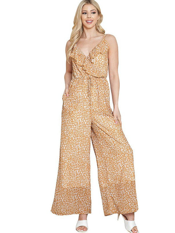 Ruffled Leopard Print Suspender Jumpsuit in Yellow for Women