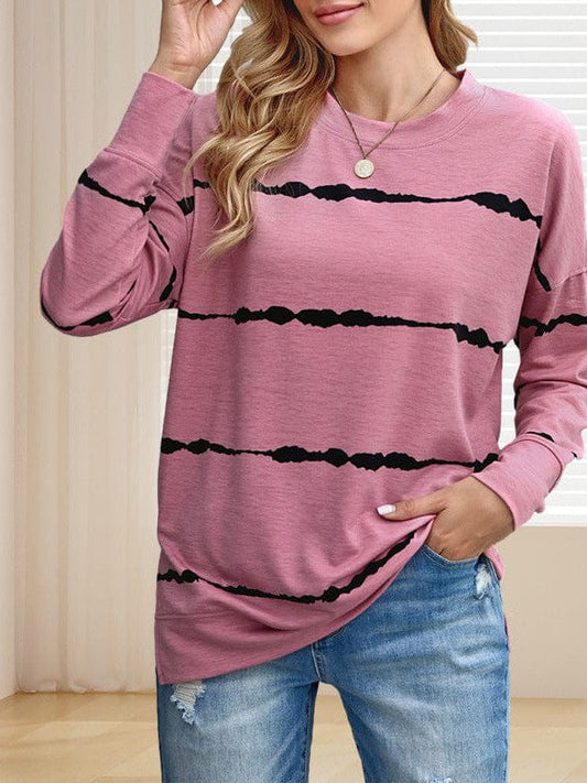 Women's Striped Tie Dye Sweatshirt with Round Neck and Long Sleeves