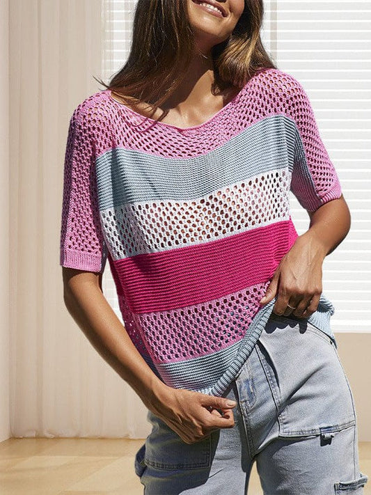 Striped Viscose Woolen Pullover with Dropped Shoulders