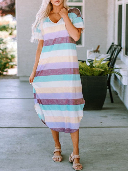 Striped V-Neck Loose Dress in Short Sleeves with Contrasting Print