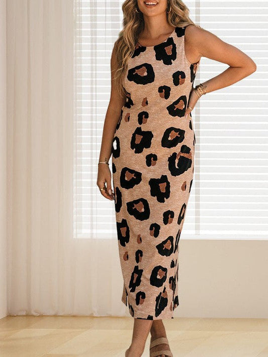 Leopard Print Sleeveless High Waist Dress with Backless Detail