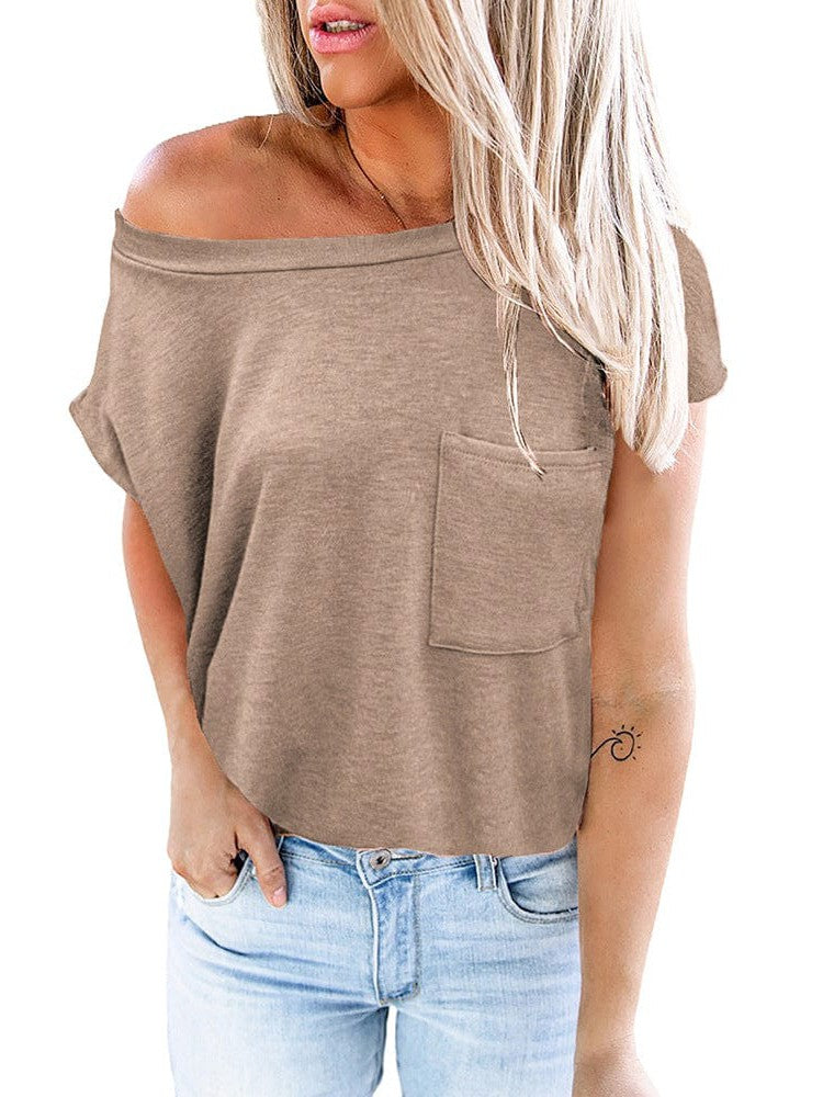Women's Loose Fit Short Sleeve T-Shirt with Round Neck and Solid Color Pocket