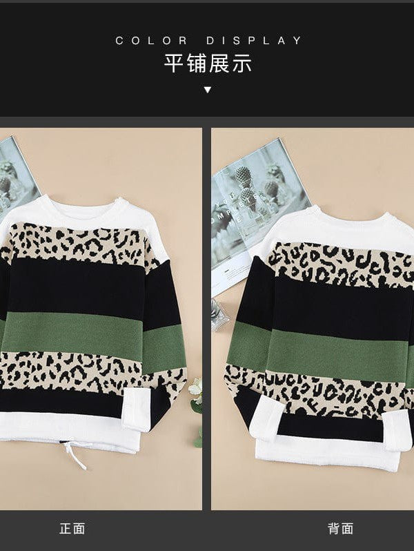 Leopard Print Round Neck Sweater in Loose Fit and Long Sleeves with Striped Detail for Women