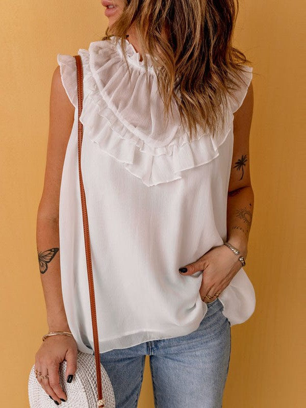 Lace Chiffon Sleeveless Top with Round Neck in Solid Colors for Women