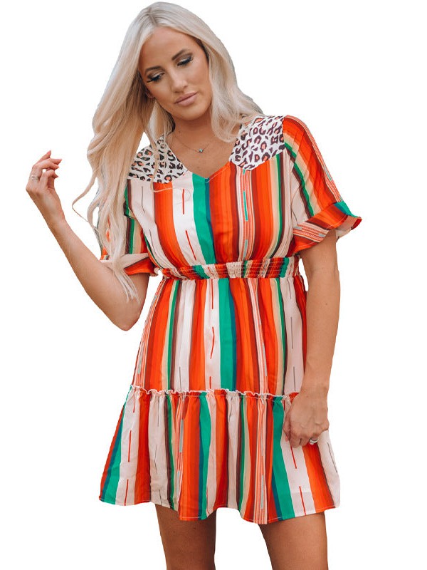 Loose Fit V-Neck Striped Dress with Short Sleeves for Women