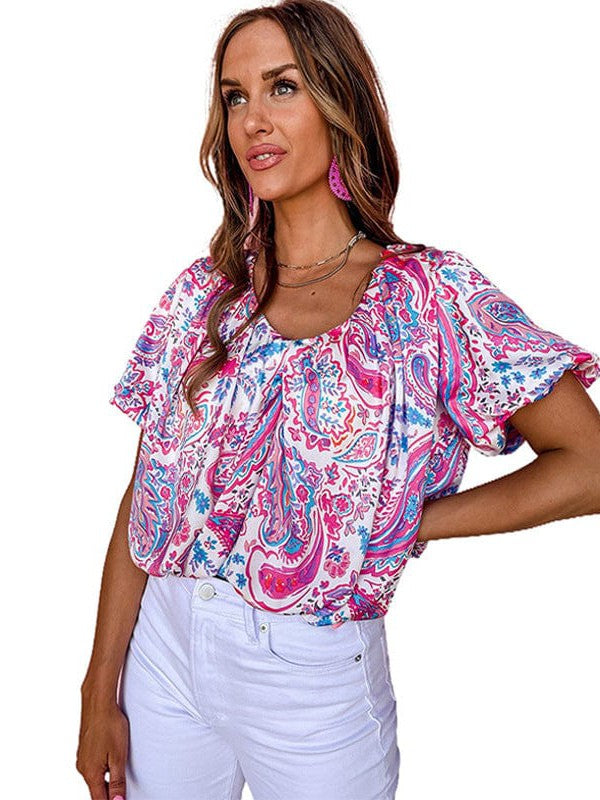 Bohemian Paisley Printed V-Neck T-shirt with Puff Sleeves for Women