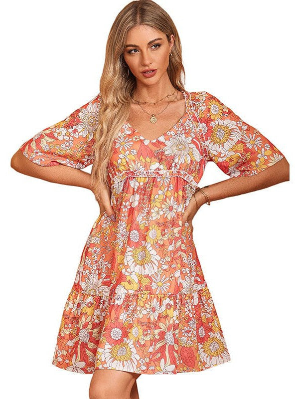 Floral Print V-Neck Short Dress with Feminine High Waist