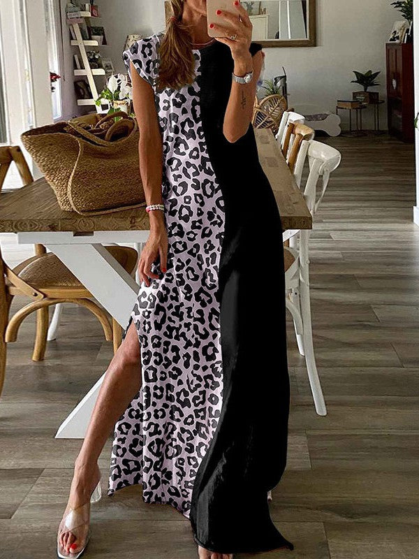 Leopard Print Tie-Dye Slit Dress with Versatile Loose Long Skirt