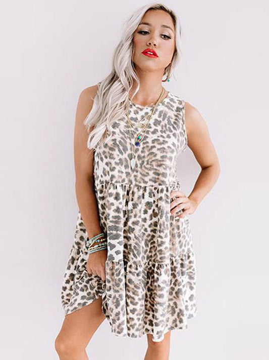 Leopard Print Sleeveless Dress with Round Neck in Cotton