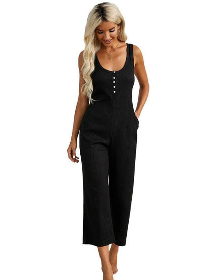 Solid Color Sleeveless Buttoned Pocket Jumpsuit for Women