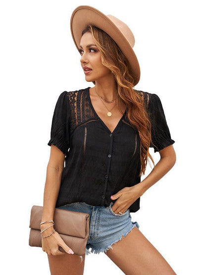 Women's Lace Hollow Short-Sleeved Chiffon Shirt Top with Simple Style