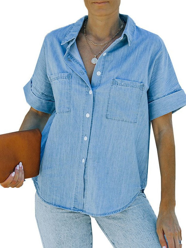women's 2022 solid color v-neck denim shirt with short sleeves