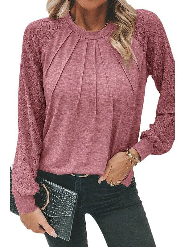 Chic Loose Lace Long Sleeve T-Shirt with Round Neck for Women