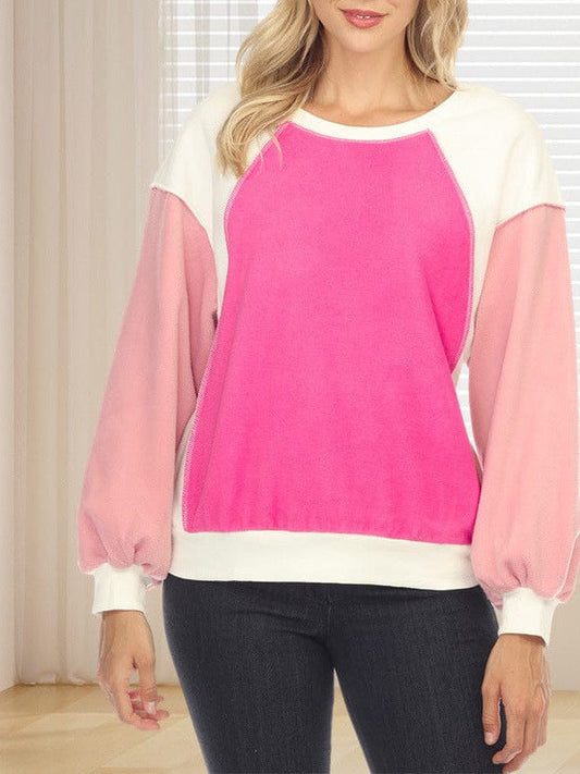 Plush Fleece Contrast Color Lantern Sleeve Sweatshirt