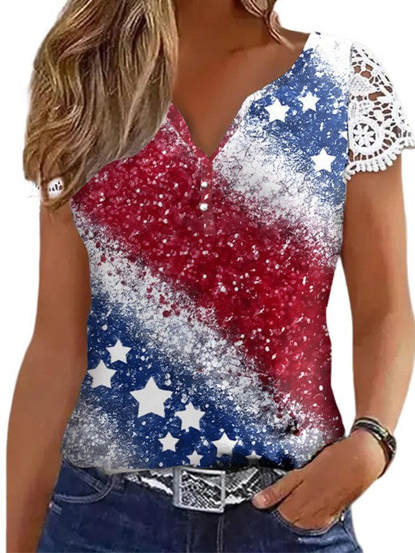 Independence Day Star Printed V-Neck Pullover Hollow Short-Sleeved T-Shirt for Women