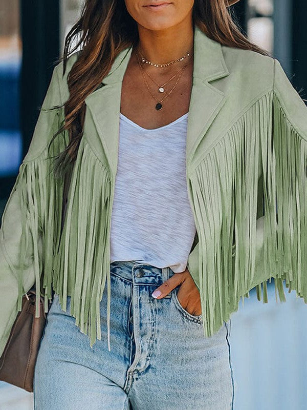 Women's Loose Suede Jacket with Tassel Lapel and Bat Sleeves
