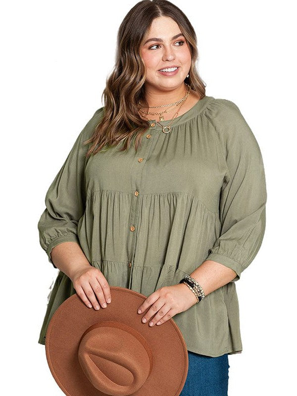 Women's Plus Size Loose Fit Babydoll Style Top with Three-Quarter Sleeves