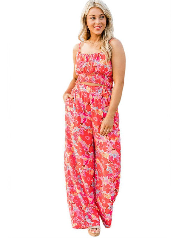 Feminine Floral Print Suspender Jumpsuit Set