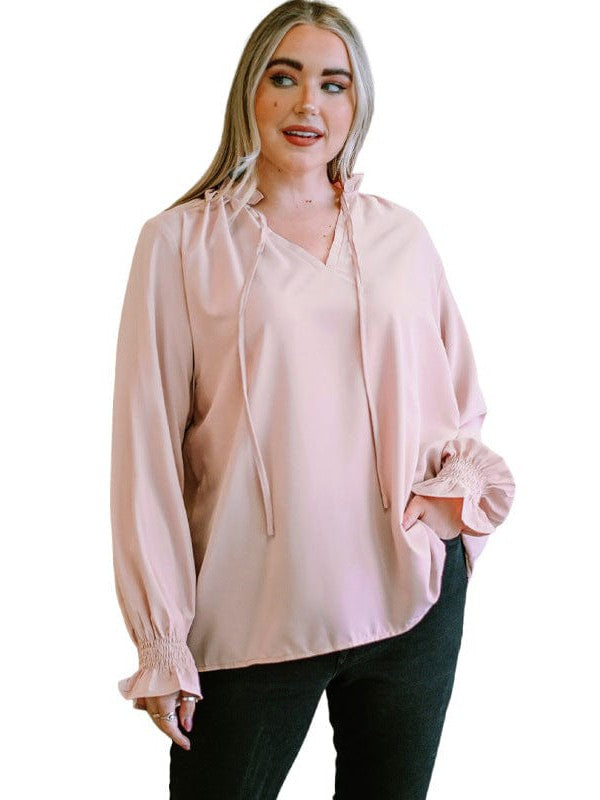 Chiffon Loose-Fit V-Neck Top with Lantern Sleeves for Plus Size Women