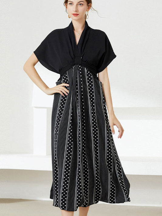 Plus Midi Dresses - Size Curve Dresses Reducing Age Lace Up Patchwork Midi Dress - MsDressly