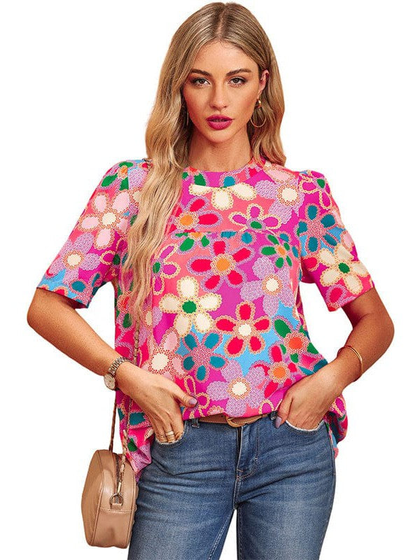 Simple Floral Print Chiffon Pullover with Three-Quarter Sleeves