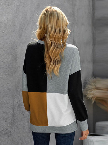 Women's Loose Fit Round Neck Sweatshirt with Contrast Color Detail - Long Sleeve Top
