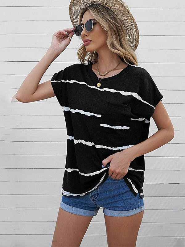 Women's Trendy Cotton Striped T-shirts with Tie-Dye Detail