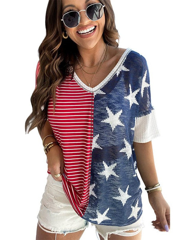 Casual V-Neck Striped Knit Top with Star Print and Short Sleeves