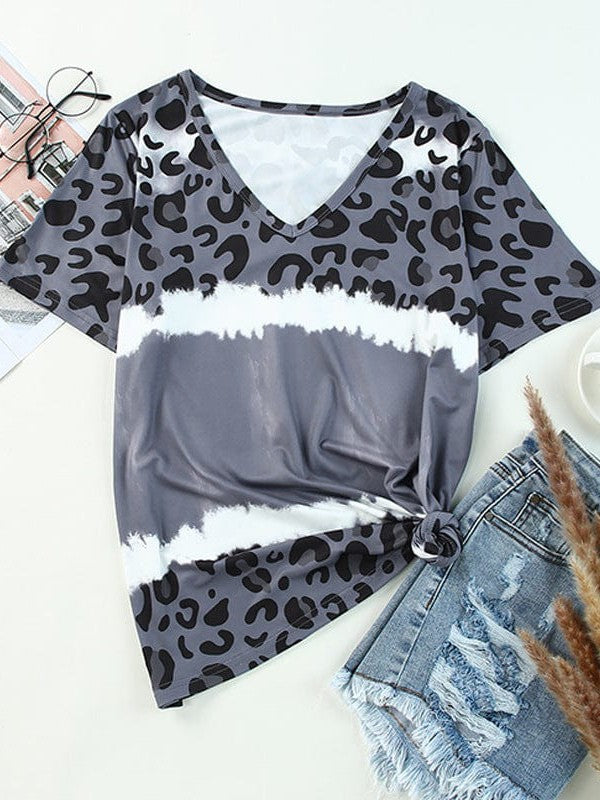 Leopard Print Tie-Dye V-Neck T-shirt for Women, Loose Fit Short-sleeve Top
