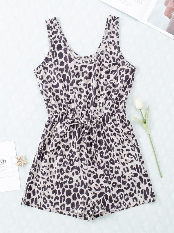 Leopard Print Sleeveless Jumpsuit with Drawstring Pocket for Women's Casual Home Shorts Set.