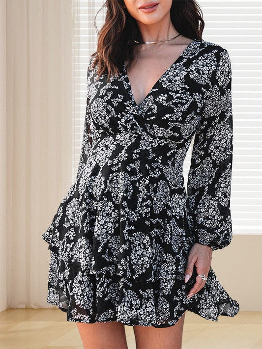Women's Printed Lace-Up Waist Dress with Slim-Fit Ruffle Skirt
