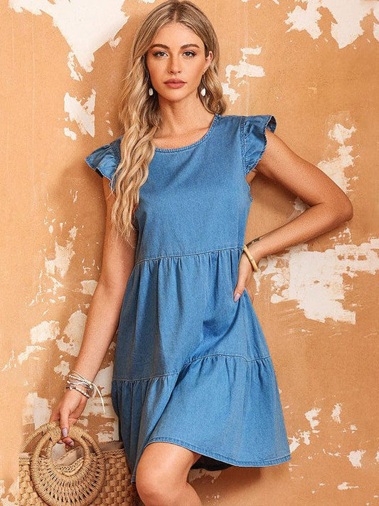 Stylish Sky Blue Cotton Dress with Ruffled A-Line Skirt and Round Neck