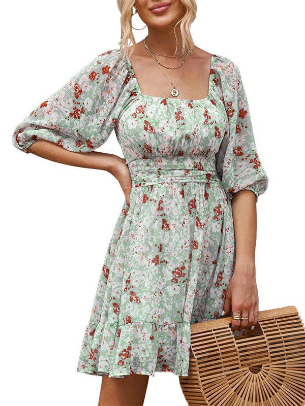 Waisted one-shoulder floral dress with lantern sleeves