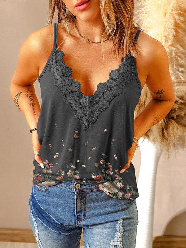 Trendy Plant Flower Print Lace Camisole - Women's Sexy Sleeveless V-Neck Top