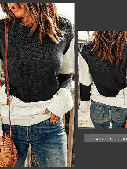 Women's Loose Fit Color Block Sweater with Crew Neck and Long Sleeves