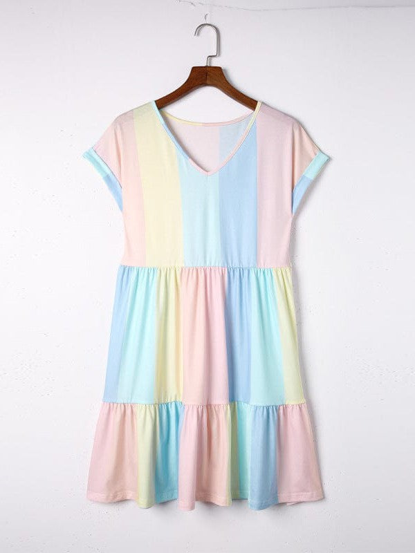Colorful Striped V-Neck High Waist Dress with Short Sleeves