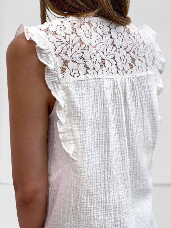 Lace V-Neck Sleeveless Shirt with Ruffle Detail for Women
