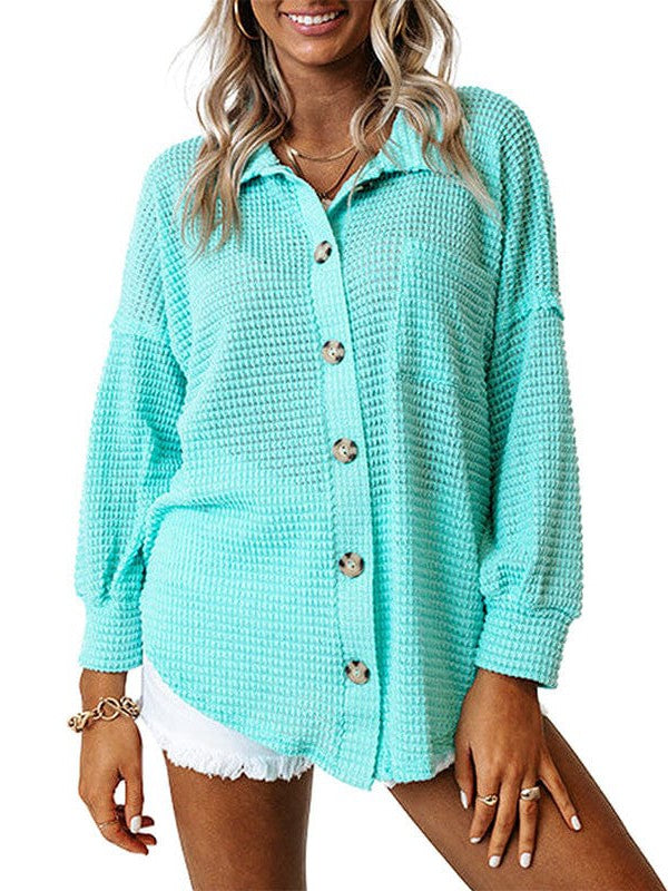 Solid Color Women's Waffle Blouse with Stand Collar and Pocket